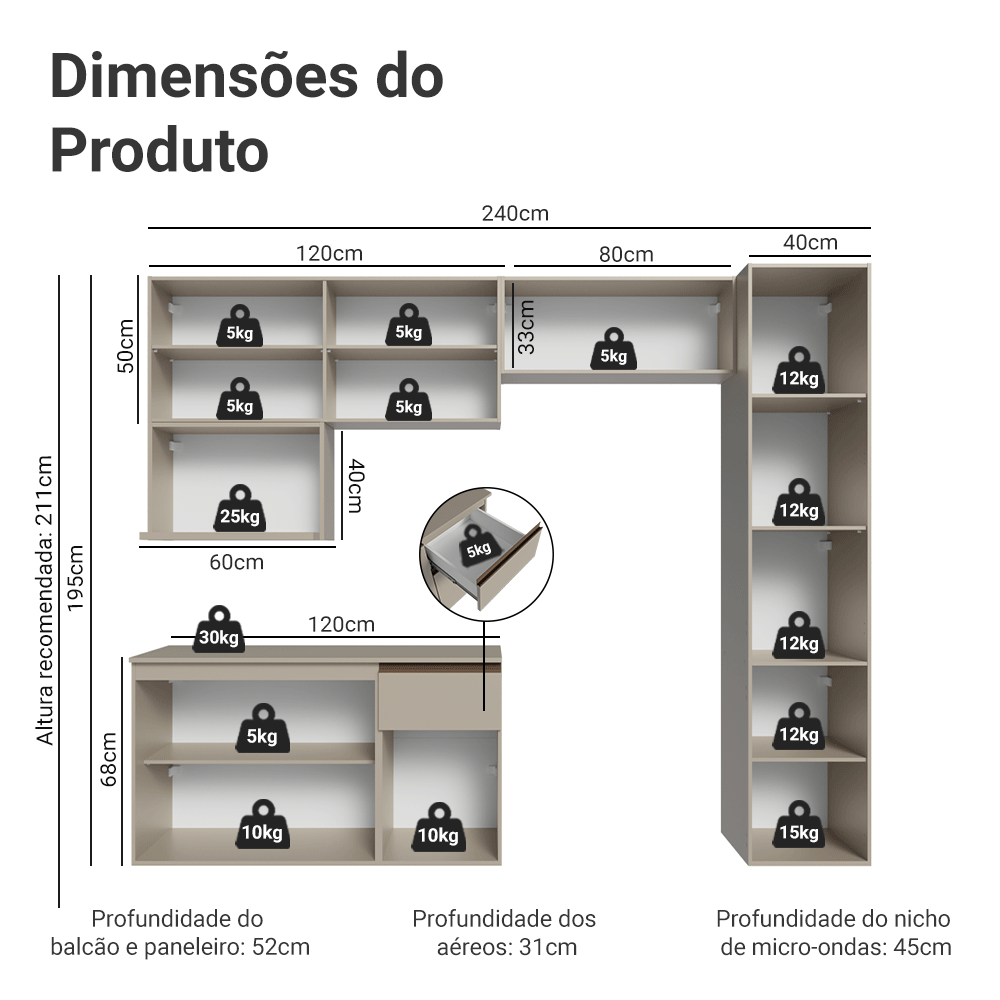 Armário de Cozinha Completa 240 cm Suspensa Crema Nice Madesa 09
