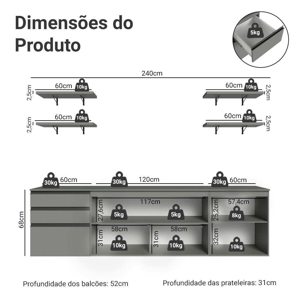 Armário de Cozinha Completa 240cm Suspensa Cinza Nice Madesa 10