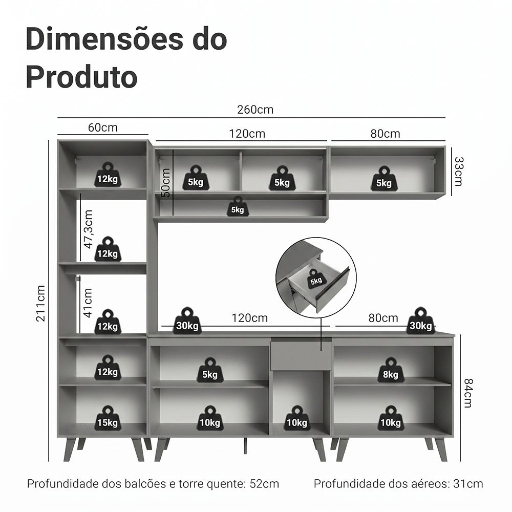 Armário de Cozinha Completa 260cm Cinza Nice Madesa 02