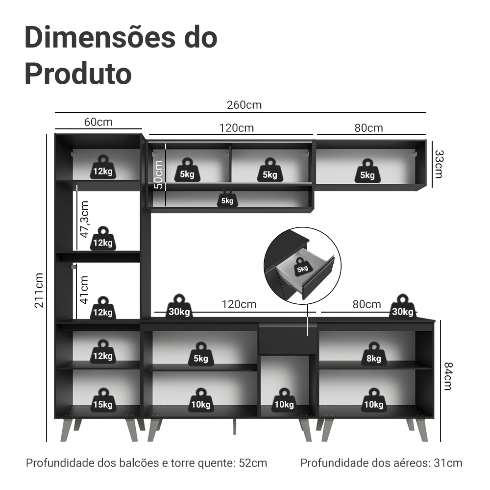 Armário de Cozinha Completa 260 cm Preto Nice Madesa 02