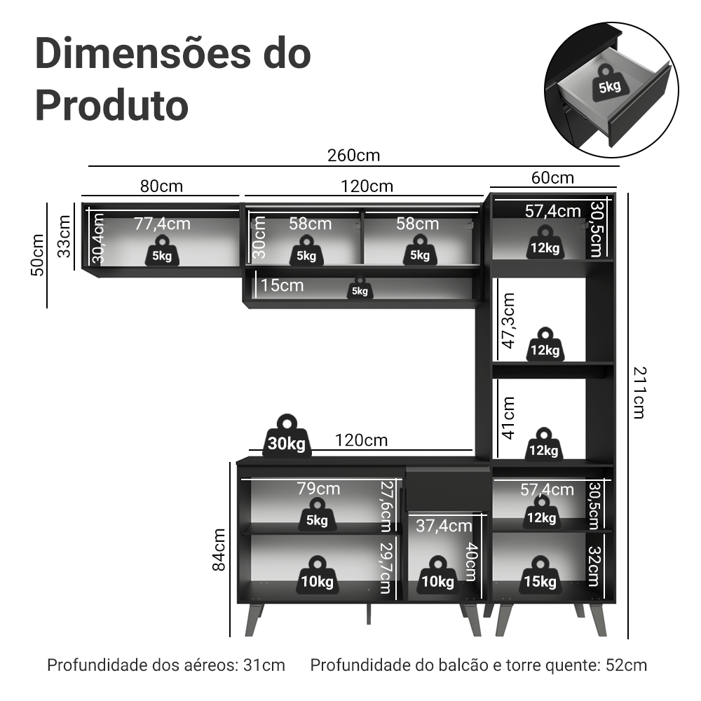 Armário de Cozinha Completa 260 cm Preto Nice Madesa 03