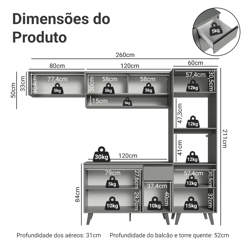 Armário de Cozinha Completa 260cm Cinza Nice Madesa 04