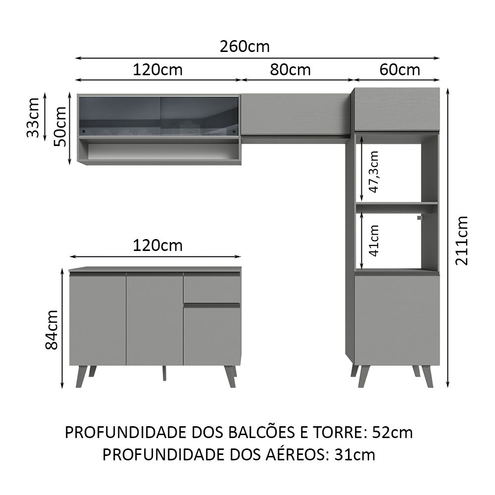 Armário de Cozinha Completa 260cm Cinza Nice Madesa 08