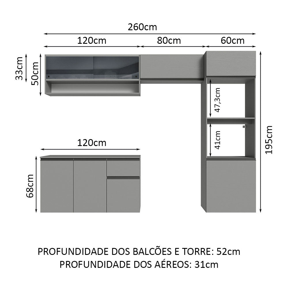 Armário de Cozinha Completa Suspenso 260cm Cinza Nice Madesa 10