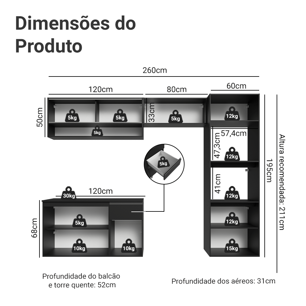 Armário de Cozinha Completa 260 cm Suspenso Preto Nice Madesa 10
