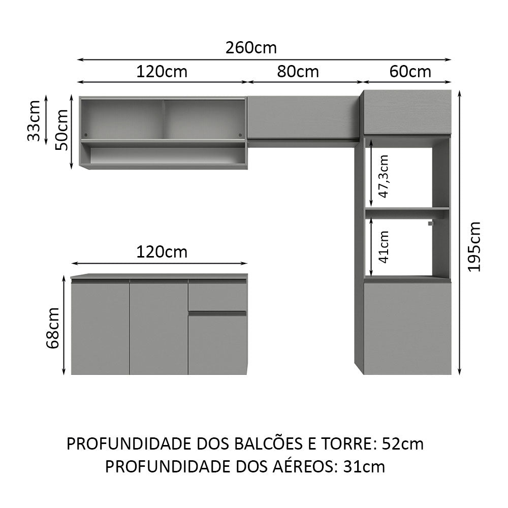 Armário de Cozinha Completa Suspenso 260cm Cinza Nice Madesa 11