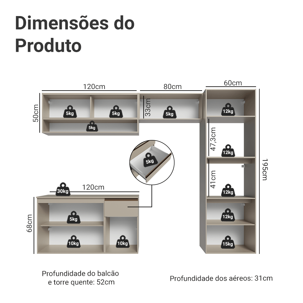 Armário de Cozinha Completa 260 cm Suspenso Crema Nice Madesa 11