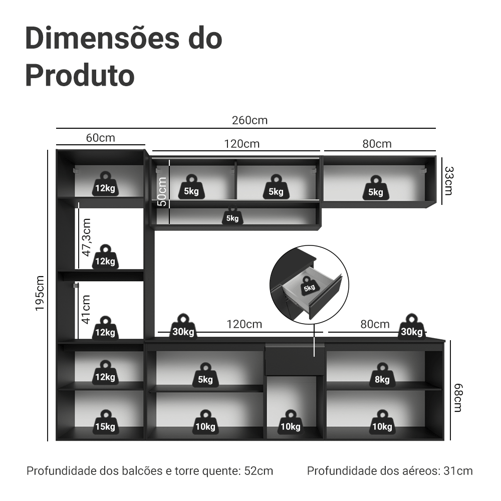 Armário de Cozinha Completa 260 cm Suspenso Preto Nice Madesa 015