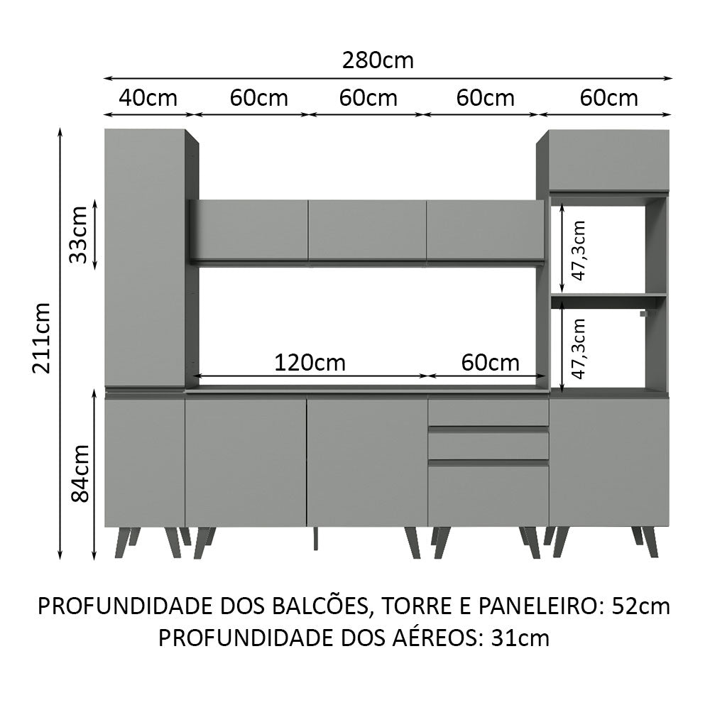 Armário de Cozinha Completa 280cm Cinza Nice Madesa 01