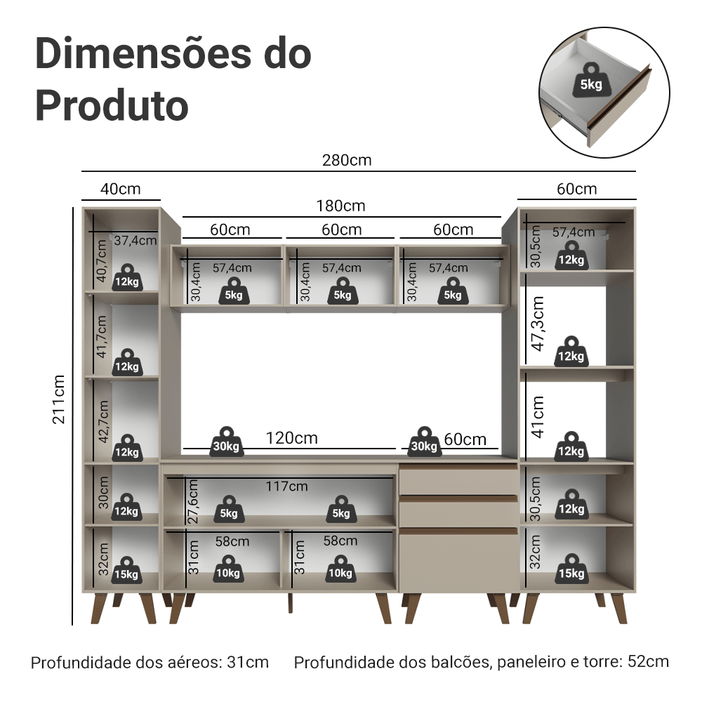 Armário de Cozinha Completa 280cm Crema Nice Madesa 01