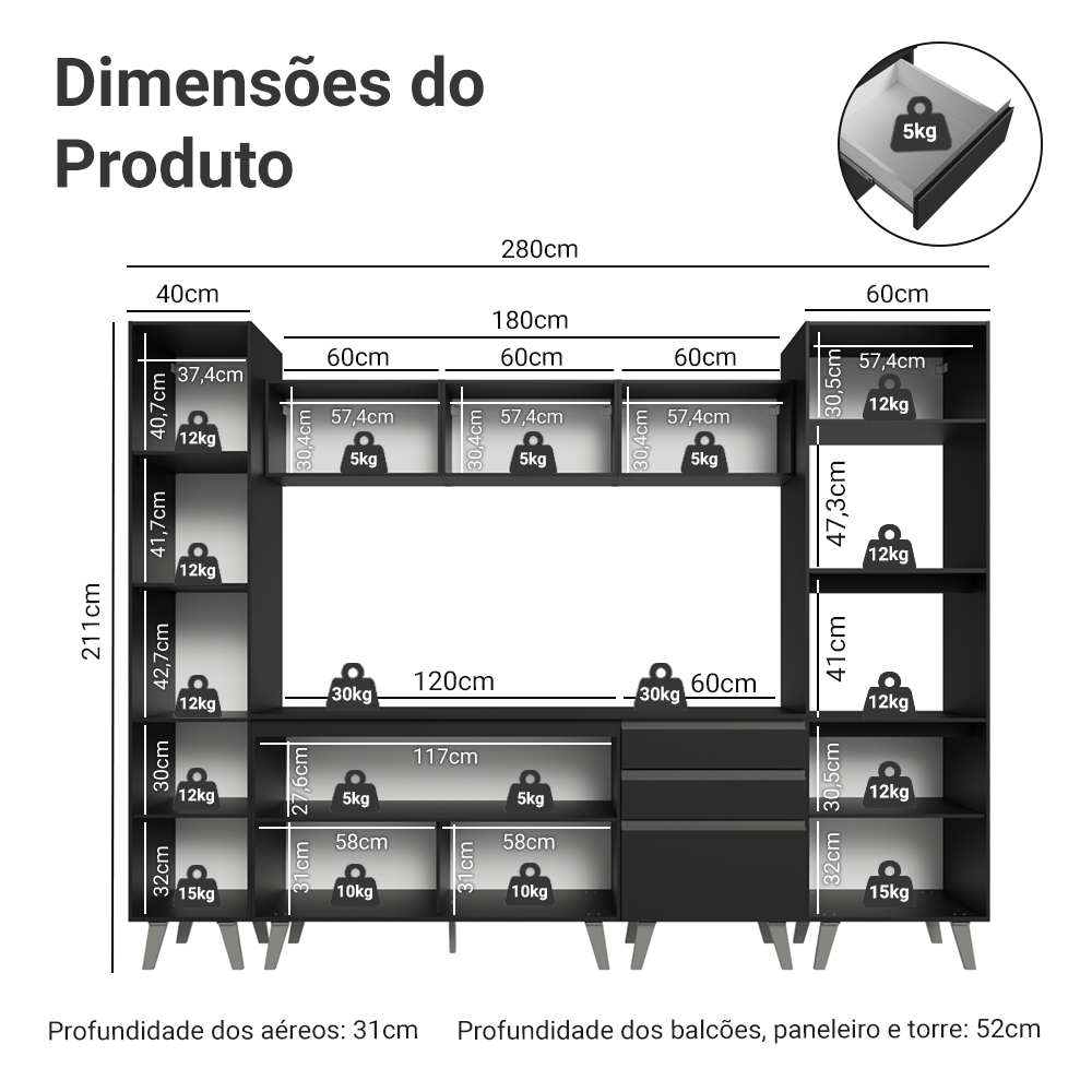 Armário de Cozinha Completa 280 cm Preto Nice Madesa 01