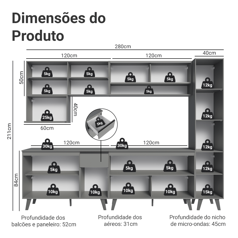 Armário de Cozinha Completa 280 cm Cinza Nice Madesa 03
