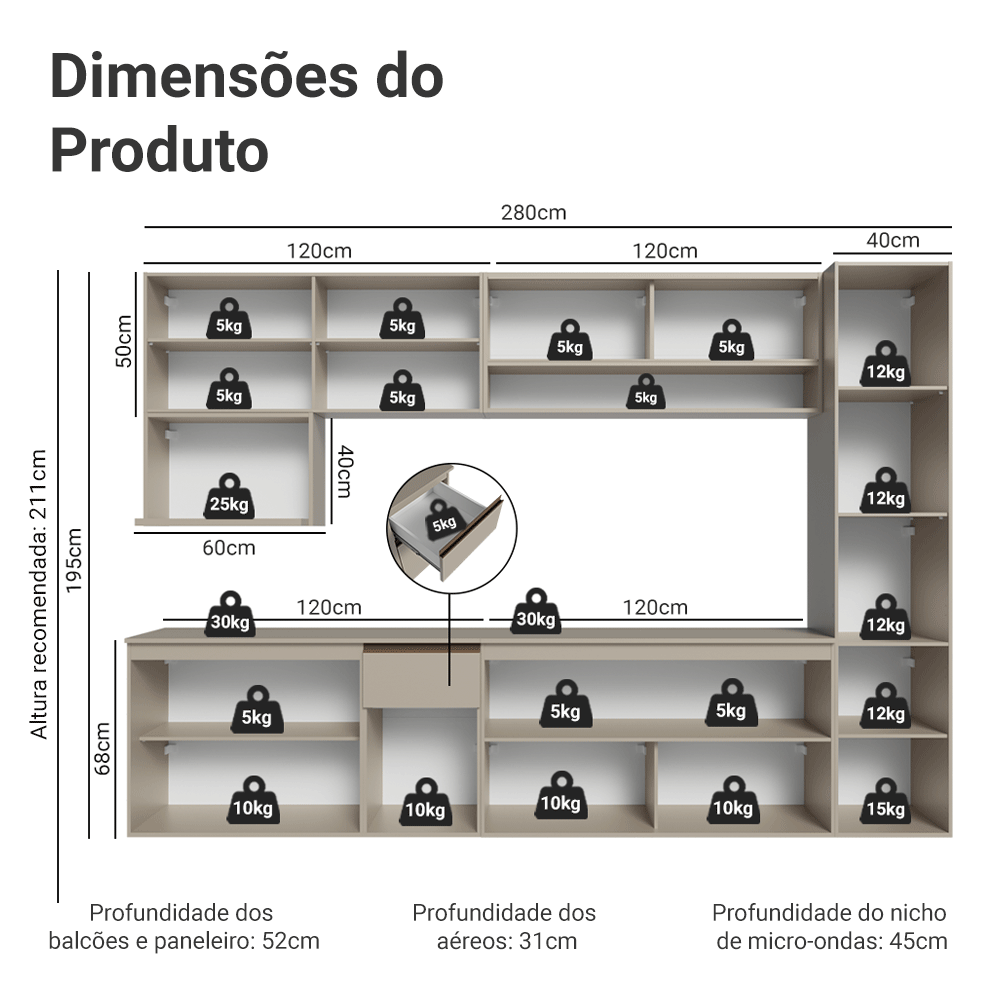 Armário de Cozinha Completa 280 cm Suspensa Crema Nice Madesa 04