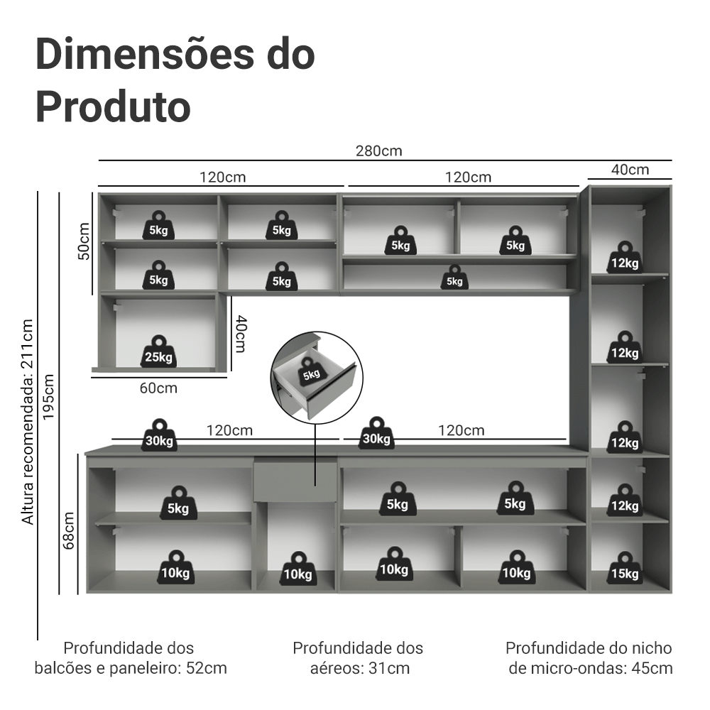 Armário de Cozinha Completa 280 cm Suspensa Cinza Nice Madesa 05