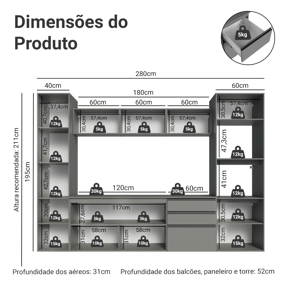 Armário de Cozinha Completa 280cm Suspensa Cinza Nice Madesa 06