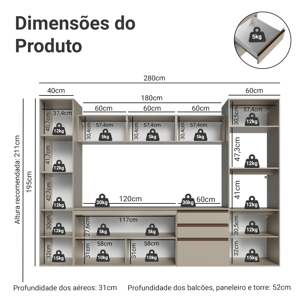 Armário de Cozinha Completa 280cm Suspensa Crema Nice Madesa 06
