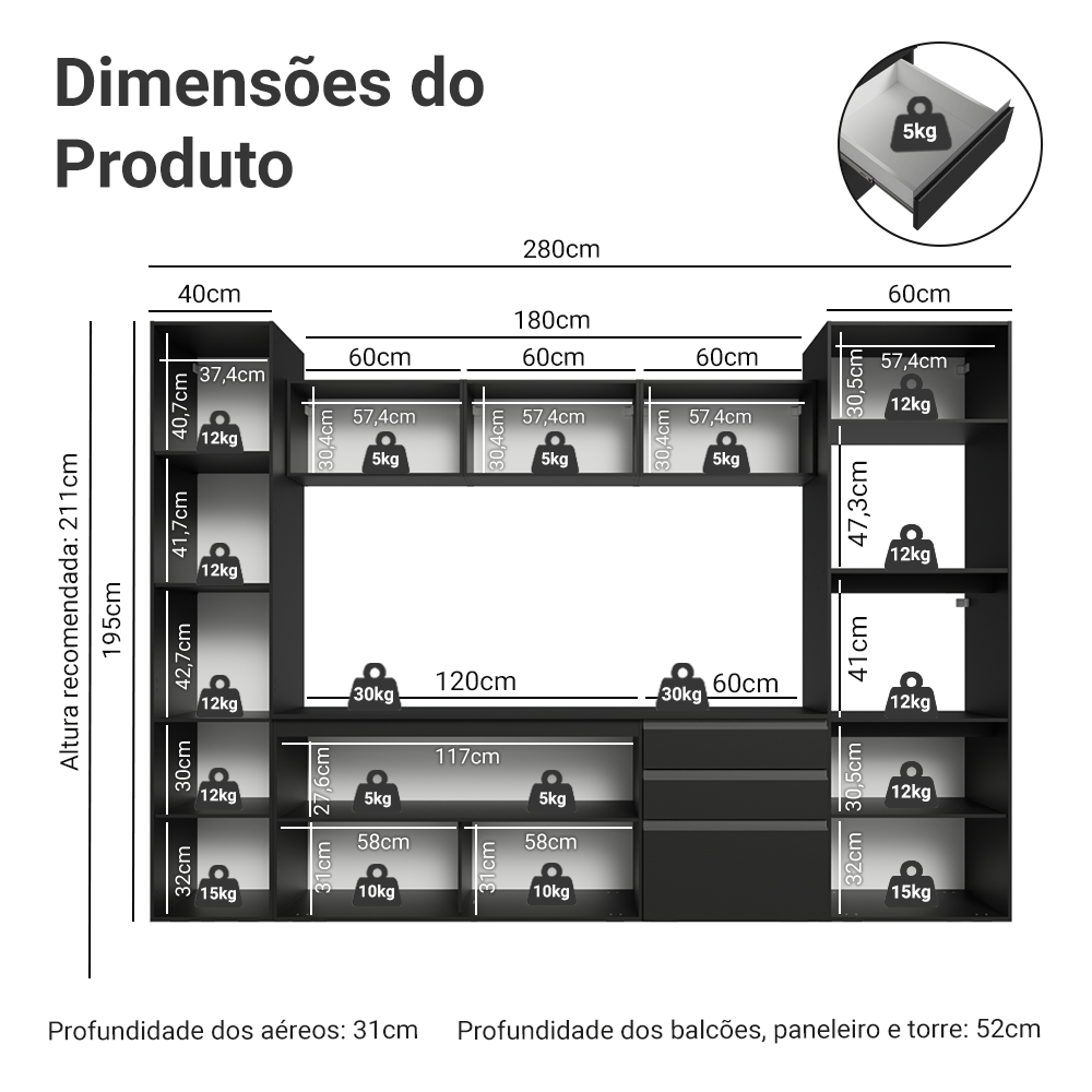 Armário de Cozinha Completa 280 cm Suspenso Preto Nice Madesa 06