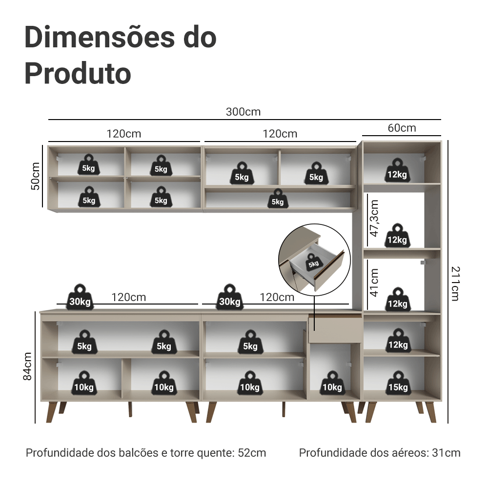 Armário de Cozinha Completa 300 cm Crema Nice Madesa 01