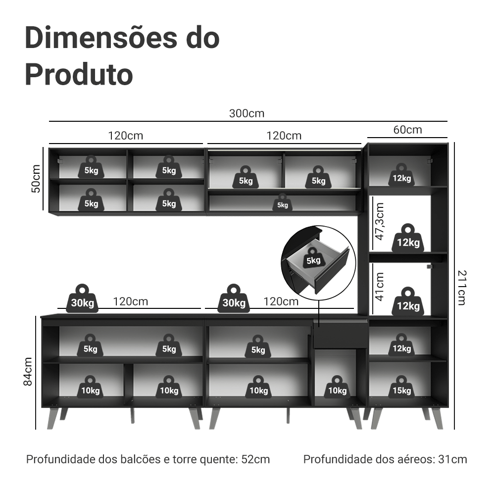 Armário de Cozinha Completa 300 cm Preto Nice Madesa 01