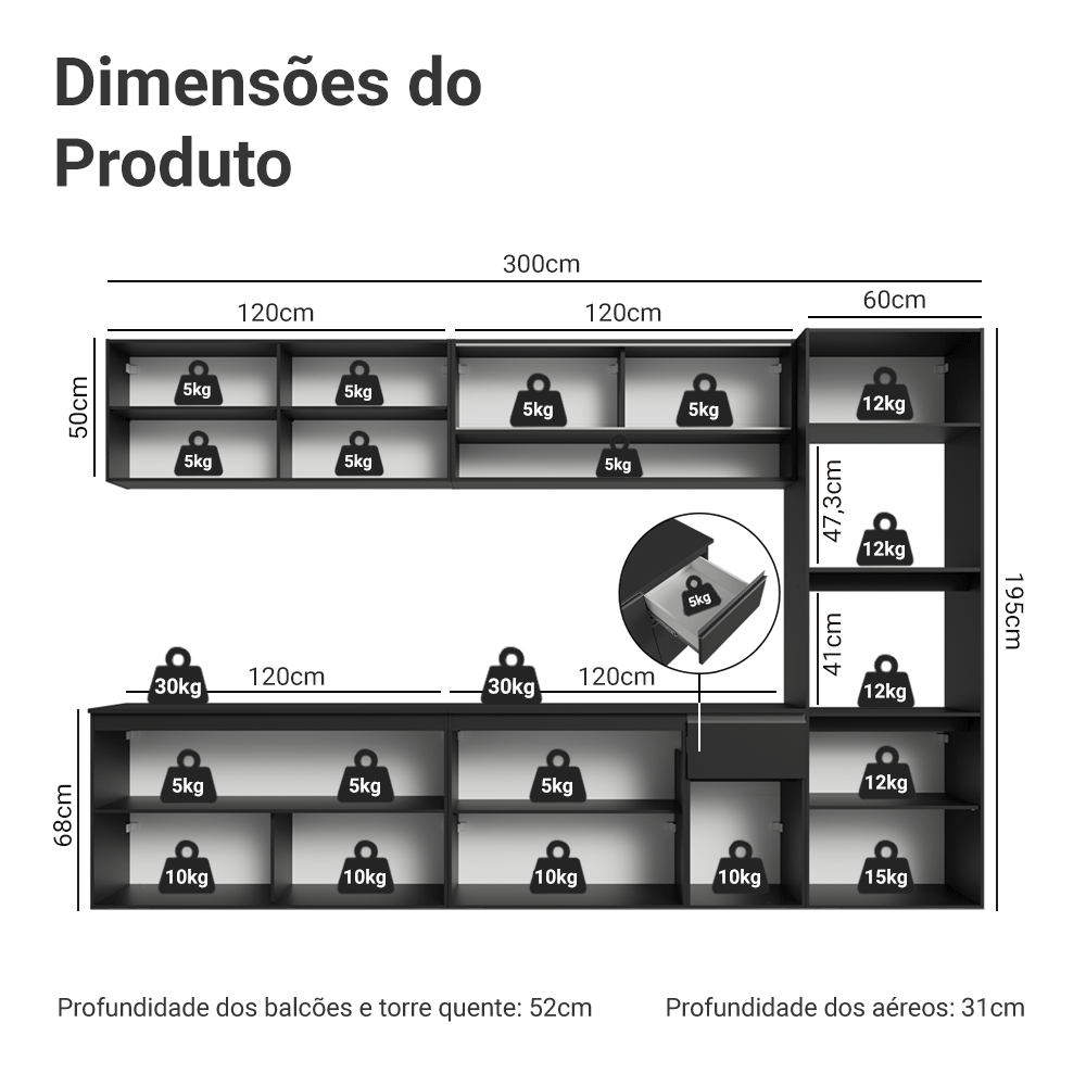 Armário de Cozinha Completa 300 cm Suspenso Preto Nice Madesa 03