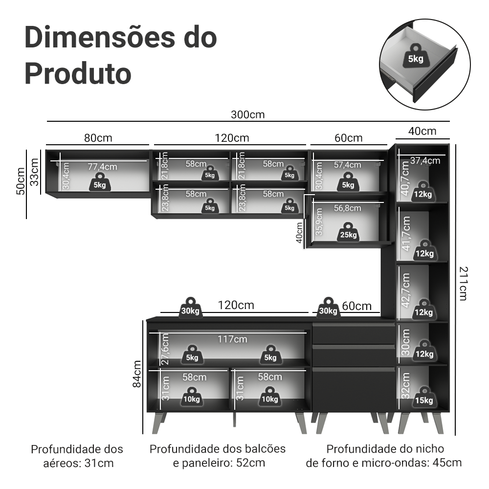 Armário de Cozinha Completa 300 cm Preto Nice Madesa 05