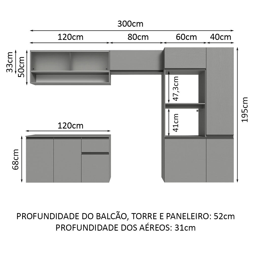 Armário de Cozinha Completa Suspenso 300cm Cinza Nice Madesa 06