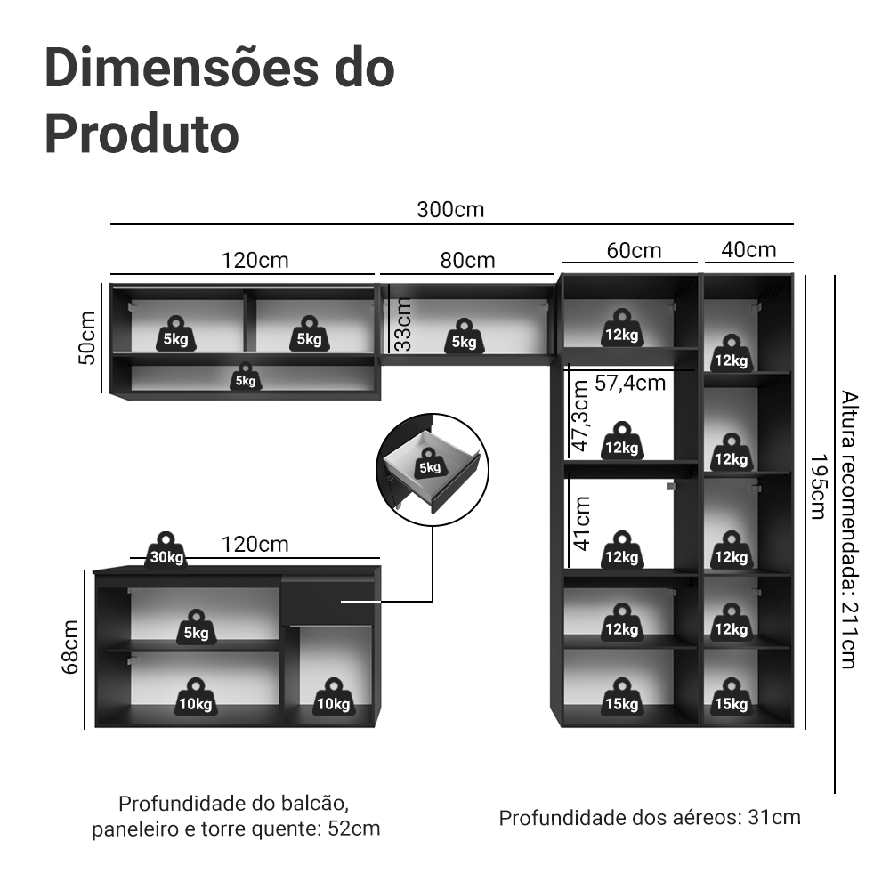 Armário de Cozinha Completa 300 cm Suspenso Preto Nice Madesa 07