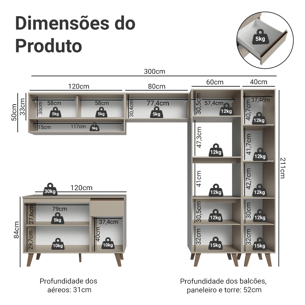 Armário de Cozinha Completa 300cm Crema Nice Madesa 08