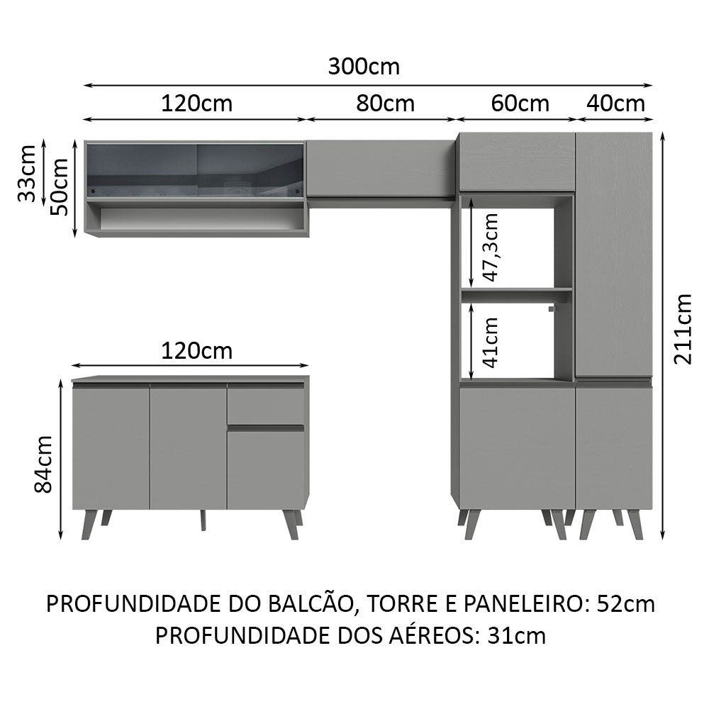Armário de Cozinha Completa 300cm Cinza Nice Madesa 09
