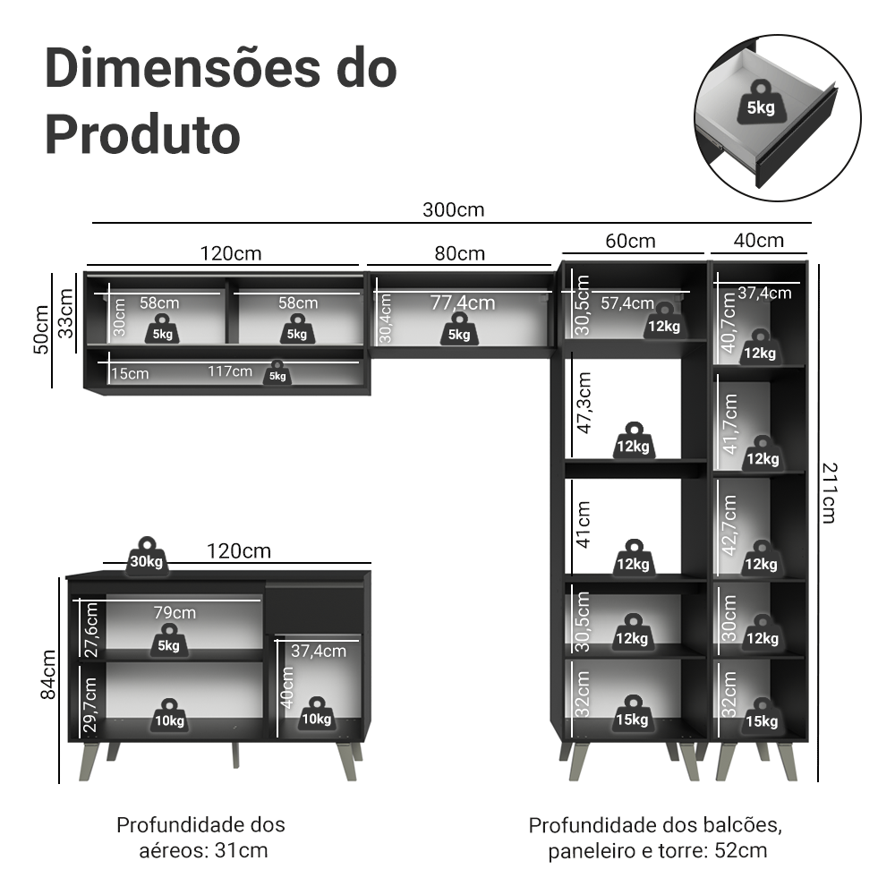 Armário de Cozinha Completa 300 cm Preto Nice Madesa 09