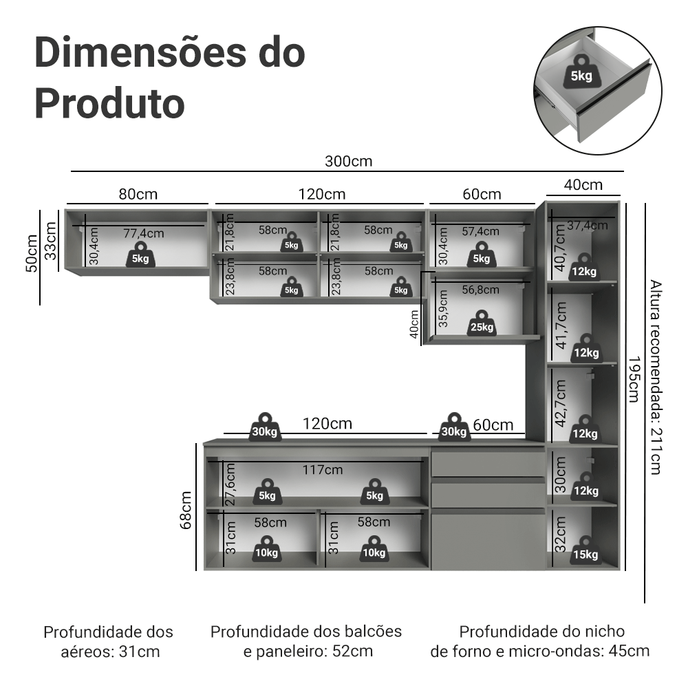 Armário de Cozinha Completa 300cm Suspensa Cinza Nice Madesa 10