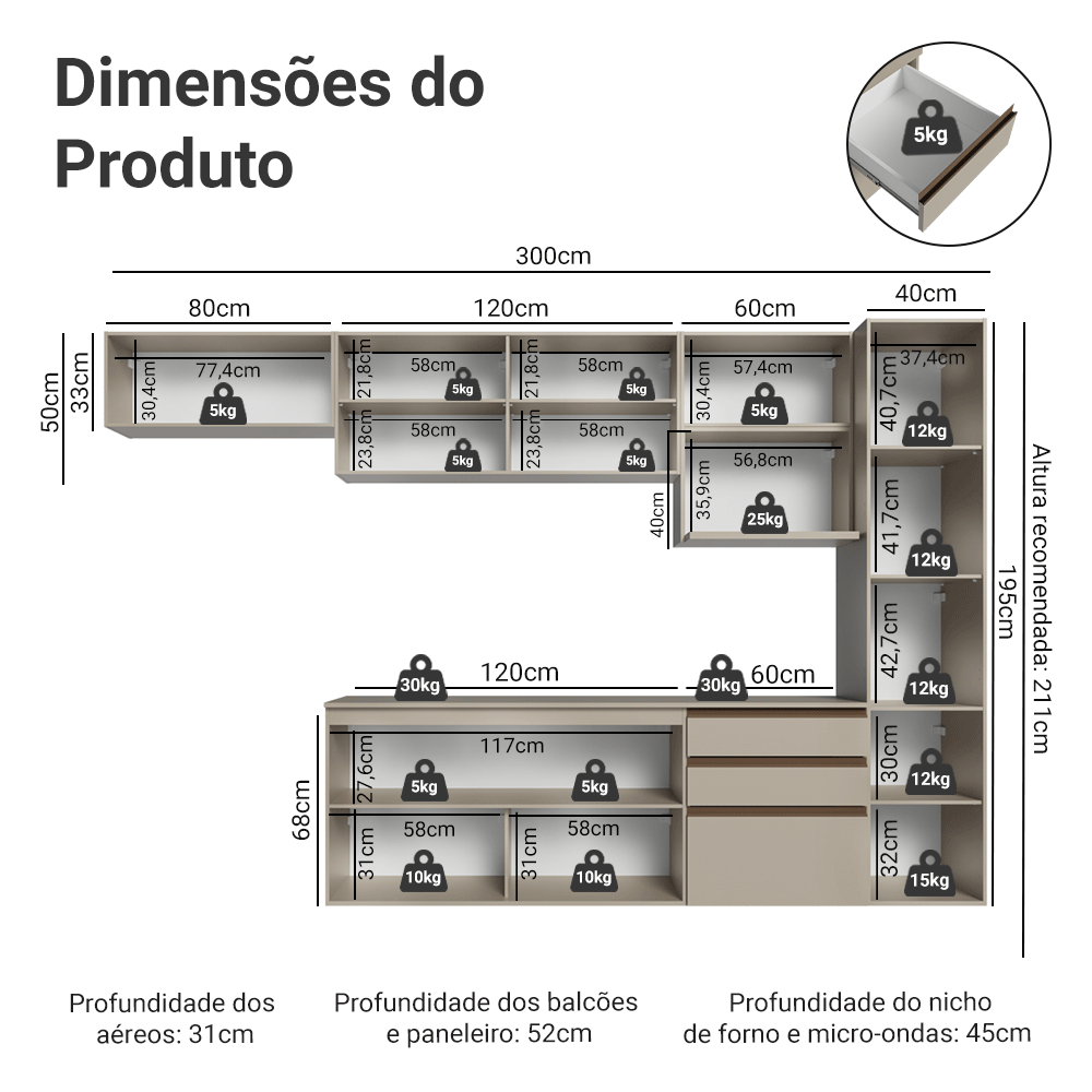 Armário de Cozinha Completa 300cm Suspensa Crema Nice Madesa 10