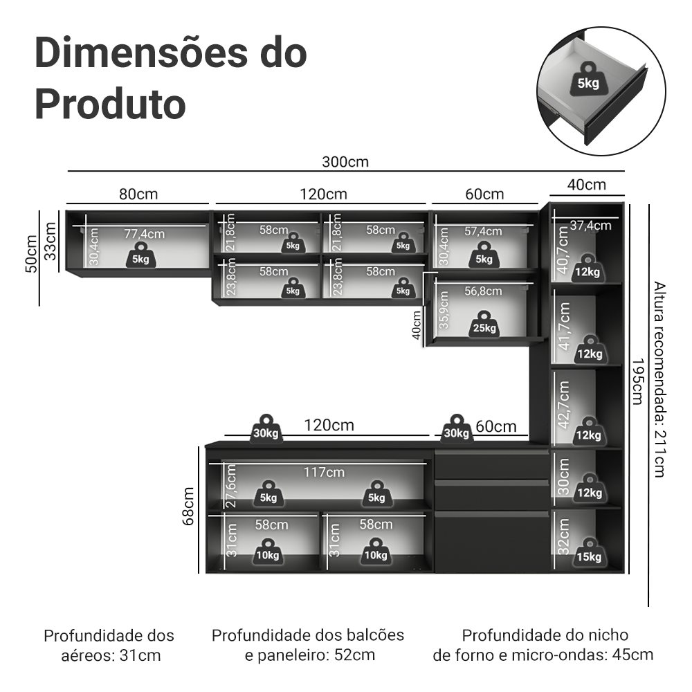 Armário de Cozinha Completa 300 cm Suspenso Preto Nice Madesa 10