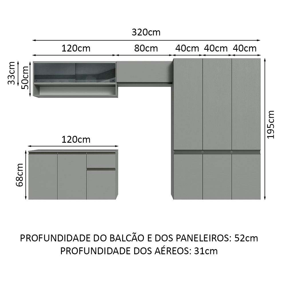 Armário de Cozinha Completa Suspenso 320cm Cinza Nice Madesa 04
