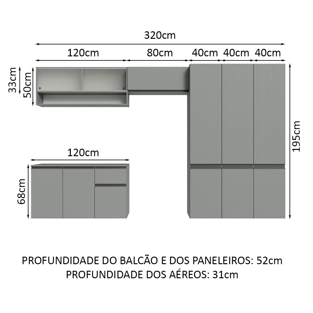 Armário de Cozinha Completa Suspenso 320cm Cinza Nice Madesa 05