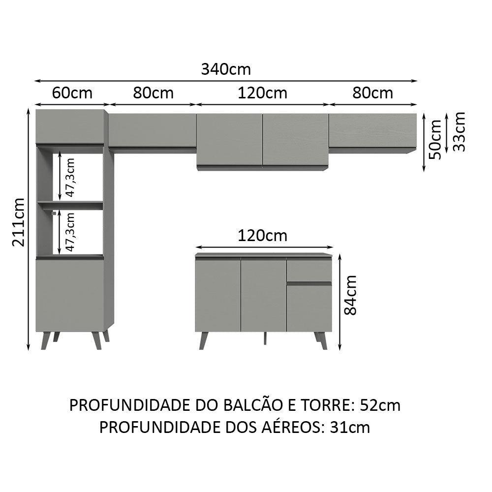Armário de Cozinha Completa 340cm Cinza Nice Madesa 01