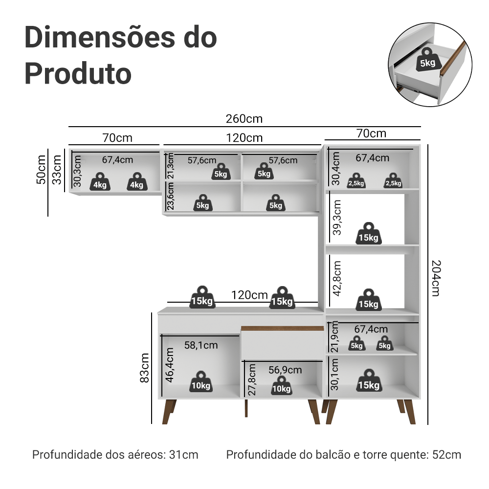 Armário de Cozinha Completa 260 cm Branco Pieta Madesa 01
