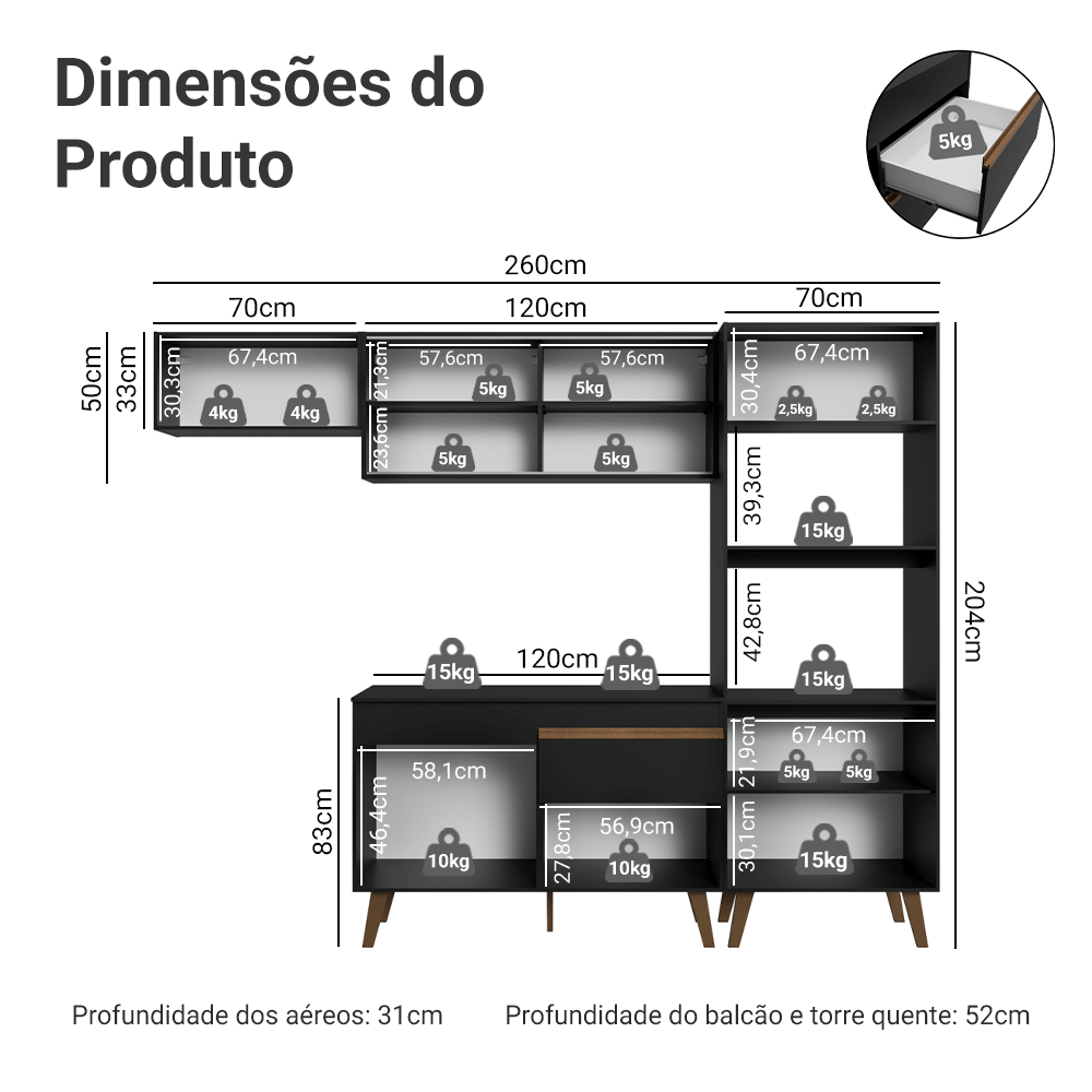 Armário de Cozinha Completa 260 cm Preto Pieta Madesa 01