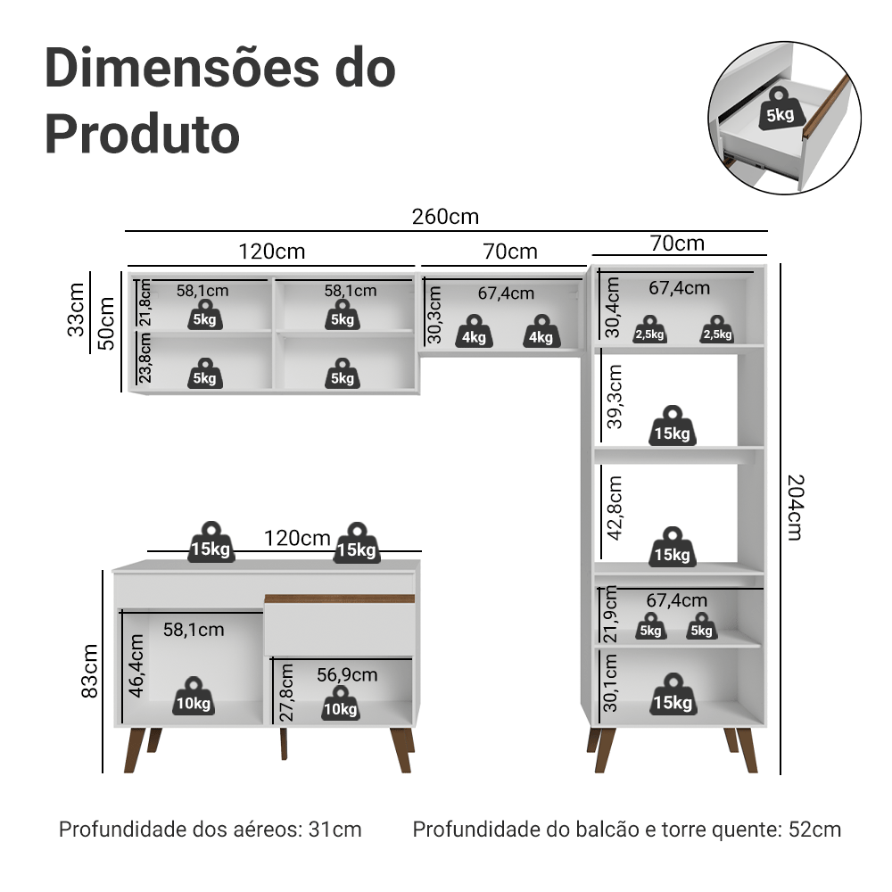 Armário de Cozinha Completa 260 cm Branco Pieta Madesa 02