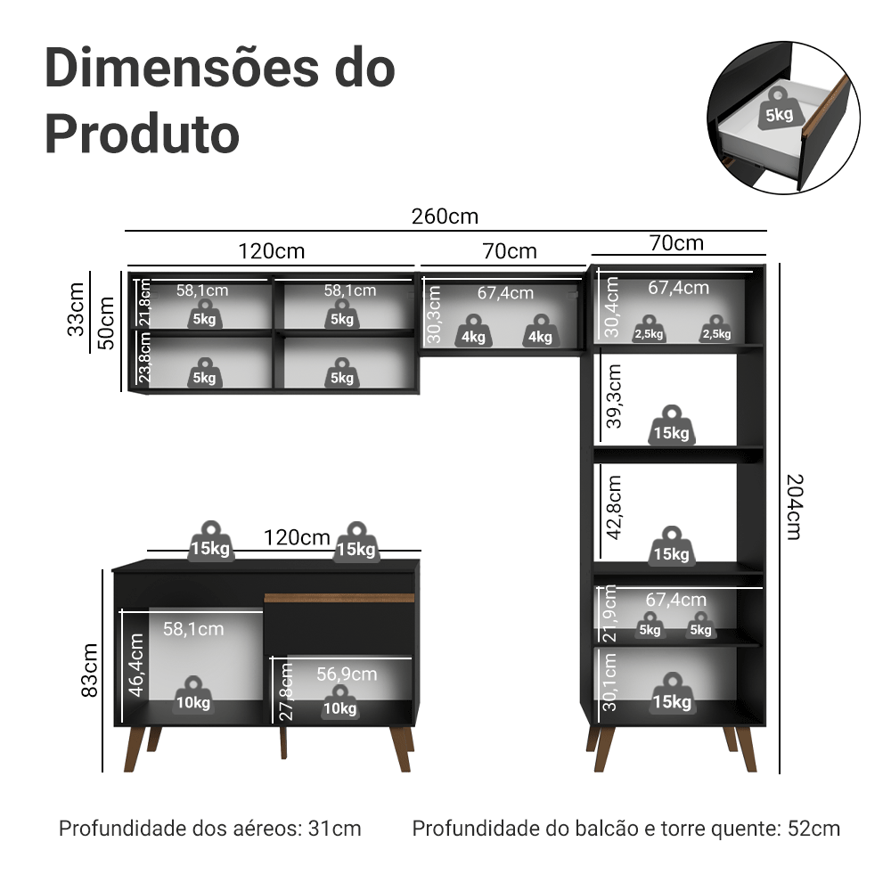 Armário de Cozinha Completa 260 cm Preto Pieta Madesa 02