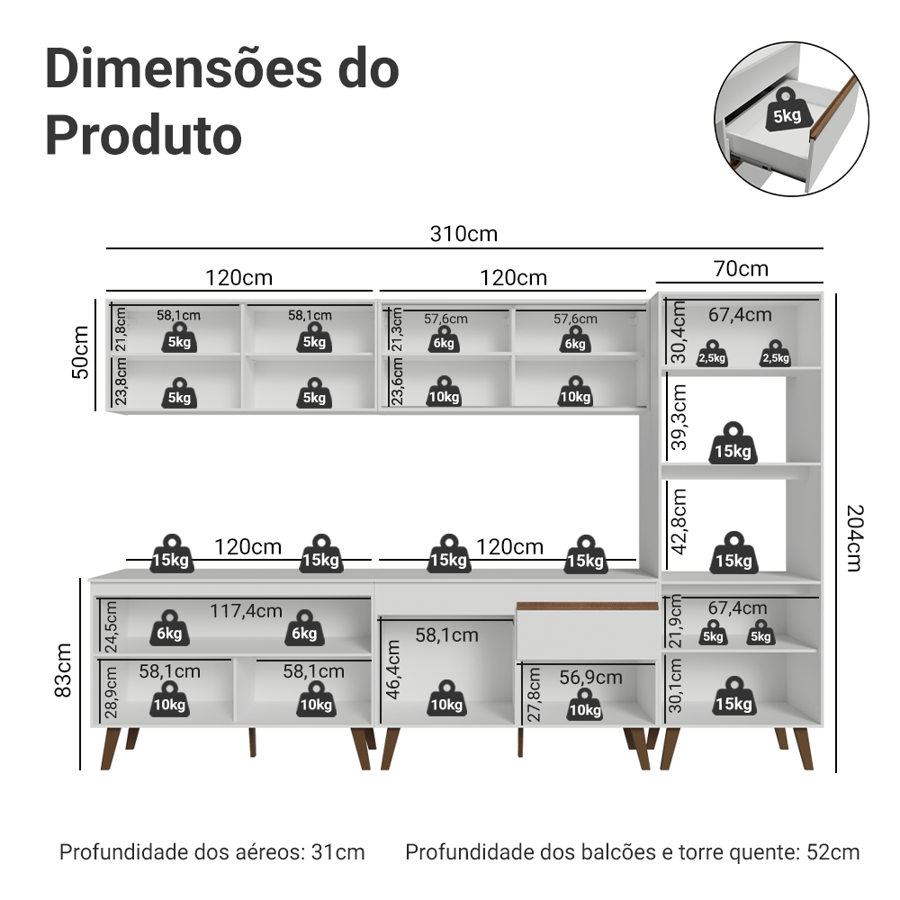 Armário de Cozinha Completa 310 cm Branco Pieta Madesa 01