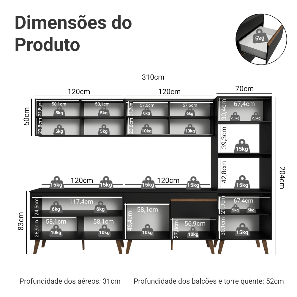 Armário de Cozinha Completa 310 cm Preto Pieta Madesa 01
