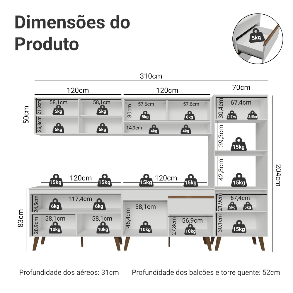 Armário de Cozinha Completa 310 cm Branco Pieta Madesa 02