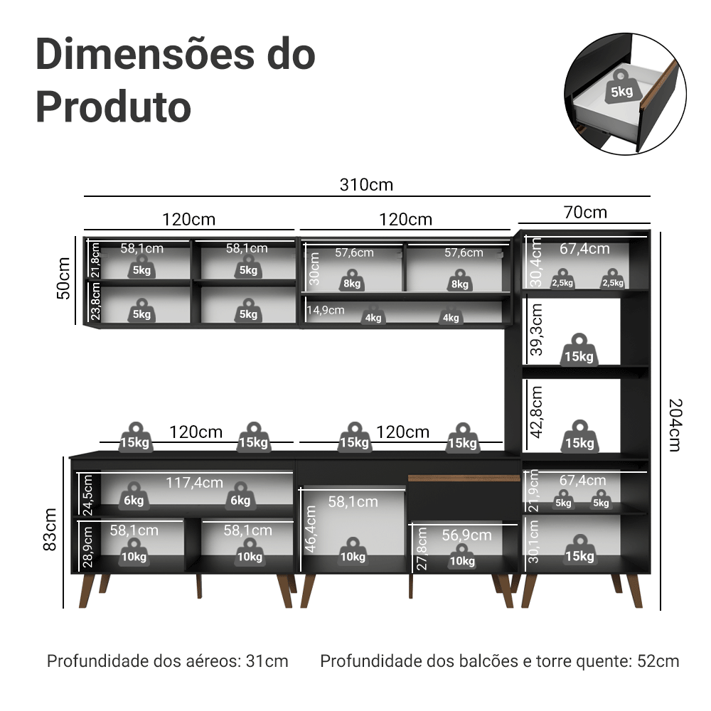 Armário de Cozinha Completa 310 cm Preto Pieta Madesa 02