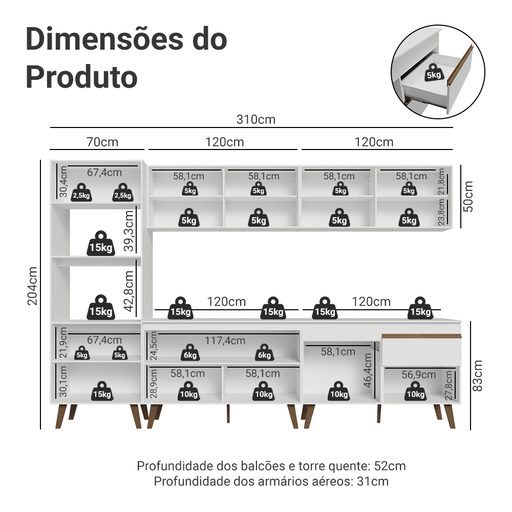 Armário de Cozinha Completa 310 cm Branco Pieta Madesa 03