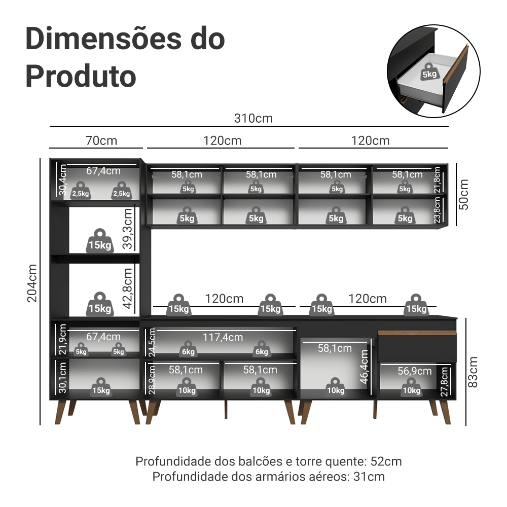 Armário de Cozinha Completa 310 cm Preto Pieta Madesa 03