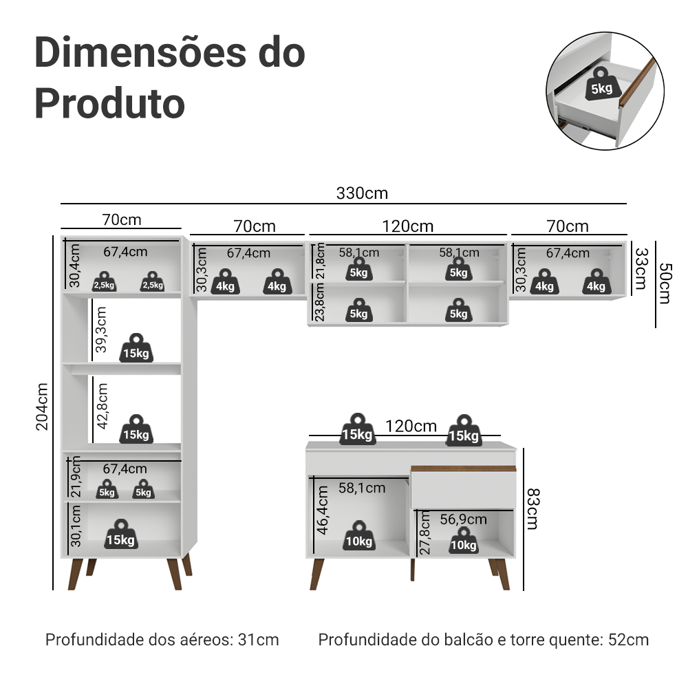 Armário de Cozinha Completa 330 cm Branco Pieta Madesa 01