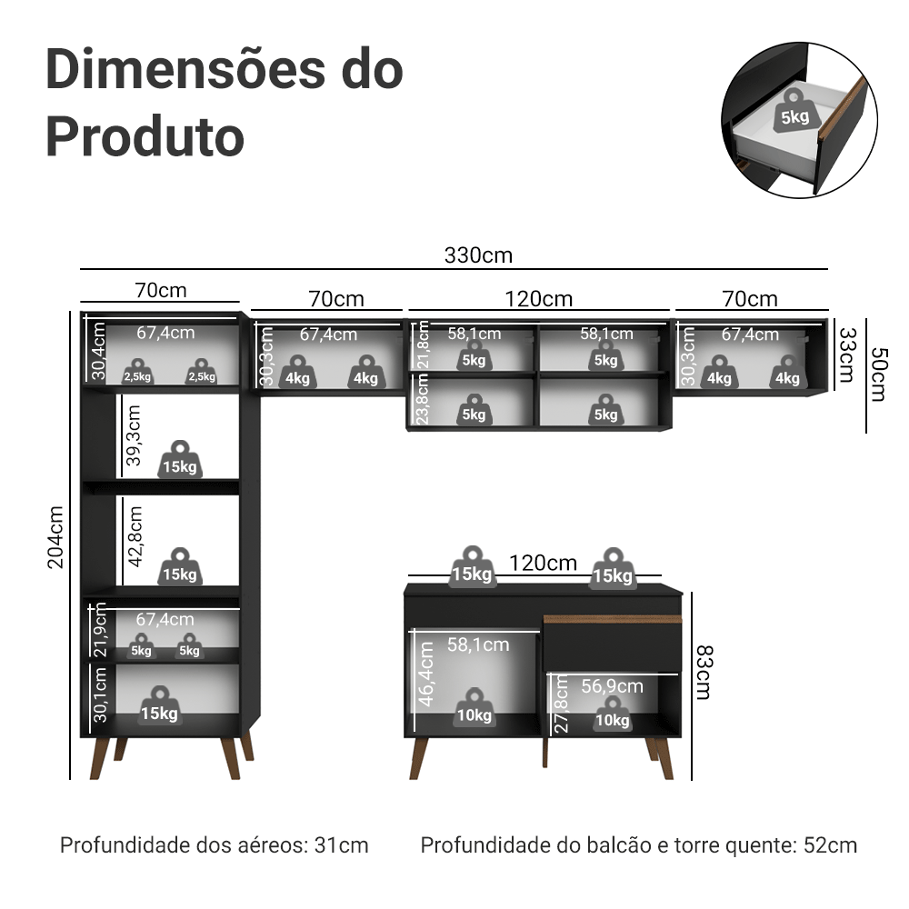 Armário de Cozinha Completa 330 cm Preto Pieta Madesa 01