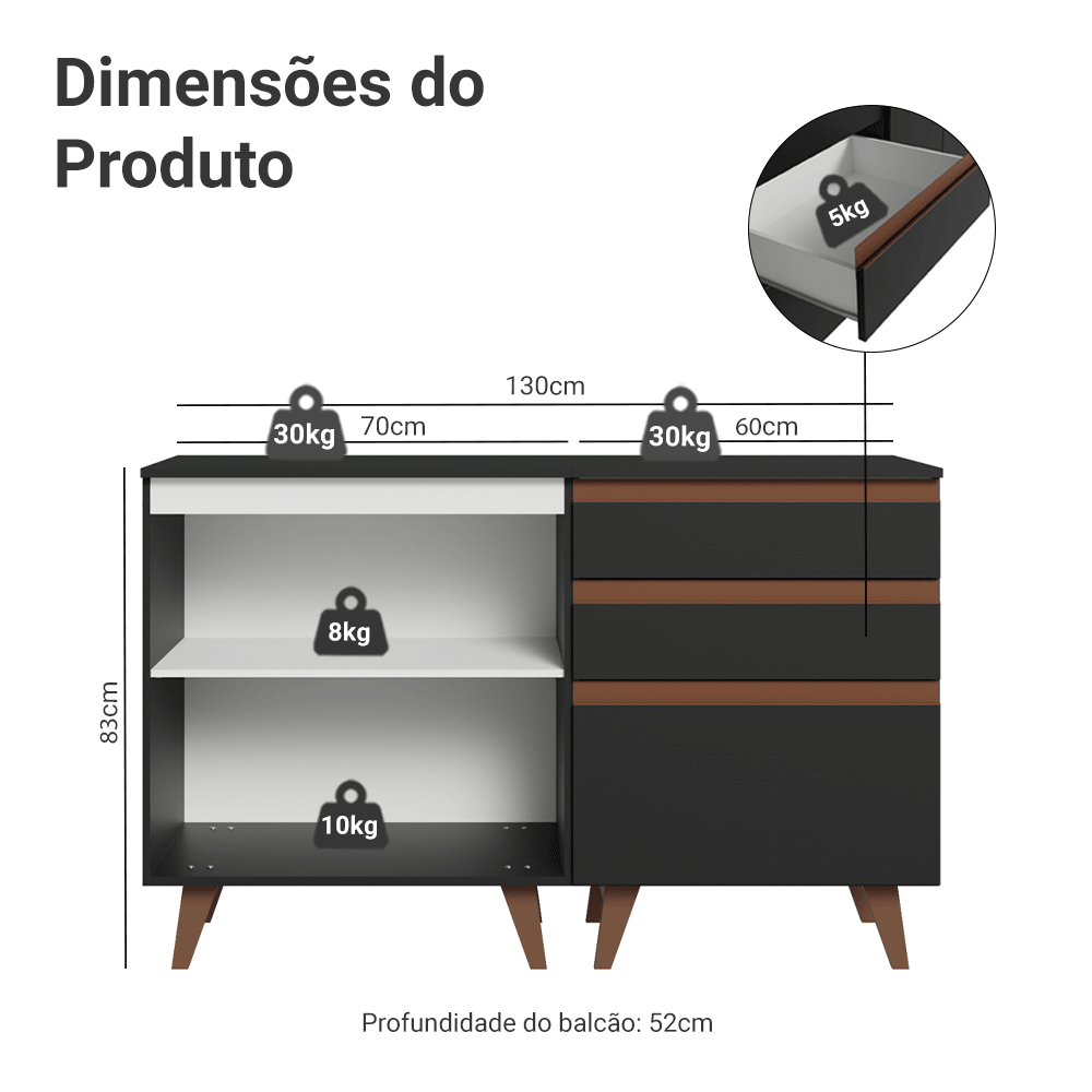 Kit com Dois Balcões de Cozinha 2 Portas 3 Gavetas (com tampo) Preto Reims Madesa