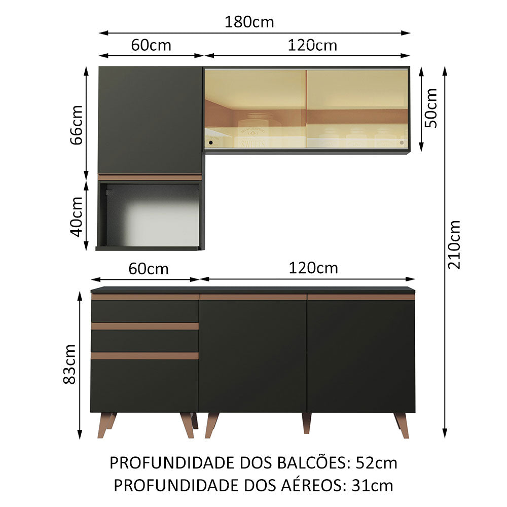 Armário de Cozinha Compacta 180cm Preto Reims Madesa 01